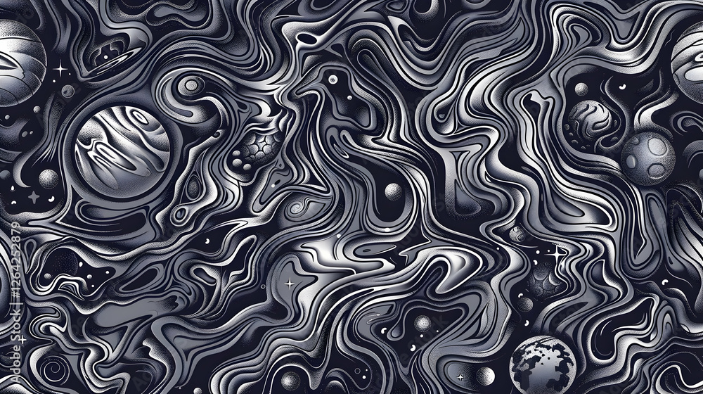 Aufkleber abstract cosmic design featuring swirling patterns and planets set against a dark background