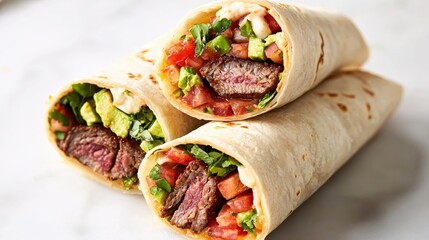 Delicious steak burrito with fresh avocado cilantro and tomato salsa on white background