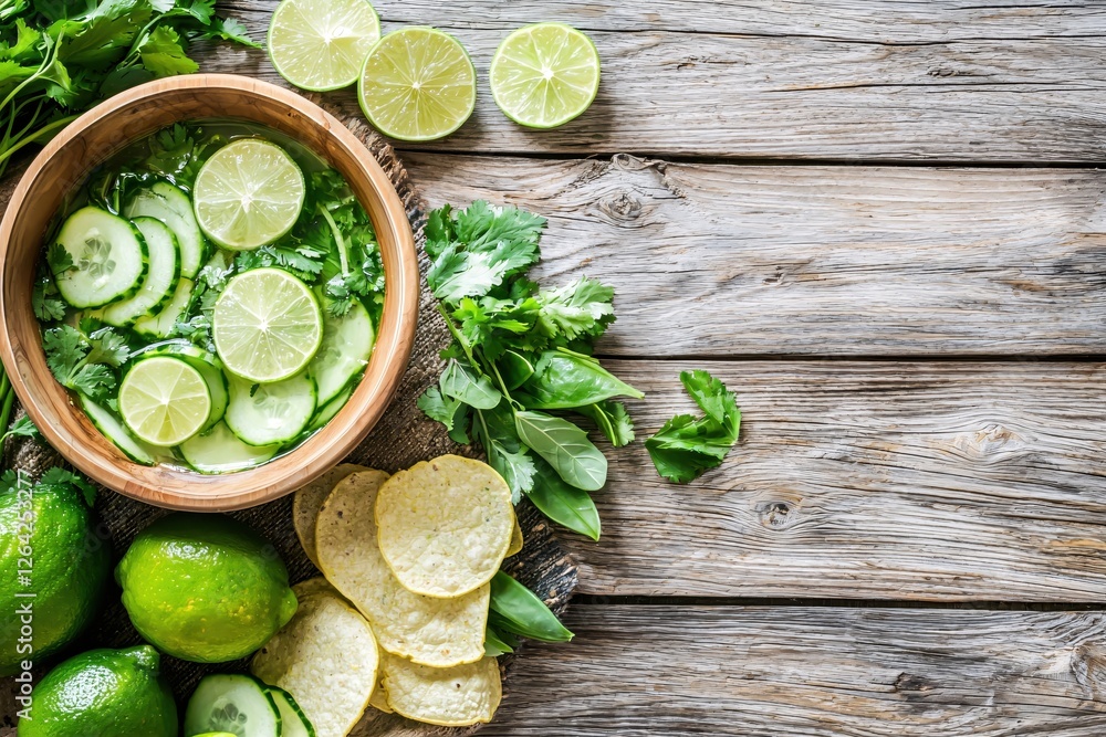 Aufkleber refreshing lime cucumber salad in wooden bowl on rustic table with cilantro and tortillas