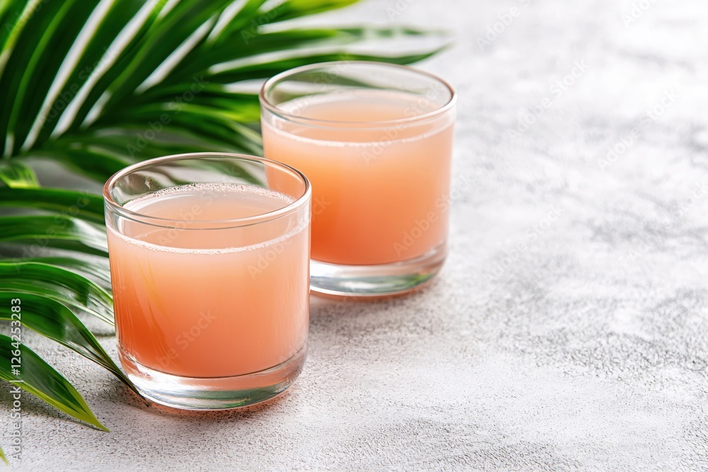 Poster refreshing grapefruit juice in glasses with palm leaf on textured gray surface summer vibe