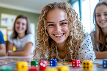 Fototapeta premium Smiling Young Woman Playing Board Game with Friends