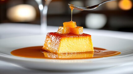 Delicious flan dessert with caramel sauce and fruit cubes served on a white plate gourmet