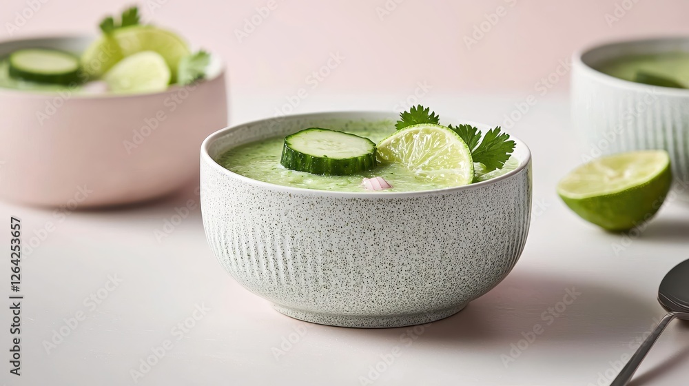 Poster refreshing cucumber lime soup in a bowl with cilantro garnish on a light pink background