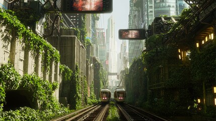 Naklejka premium Elevated Tram Lines Weaving Through Lush Urban Jungle Landscape