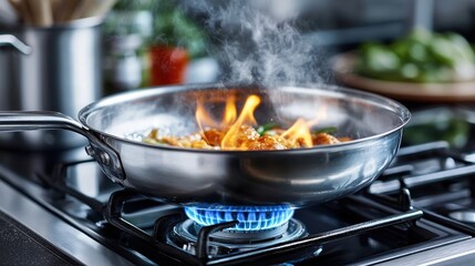 Flamed food cooking in a stainless steel pan on a gas stove. High-quality image ideal for cooking, food, and kitchen related projects.