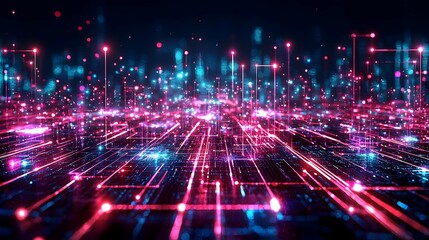 Obraz premium Abstract Futuristic Cityscape with Glowing Pink and Blue Network Lines