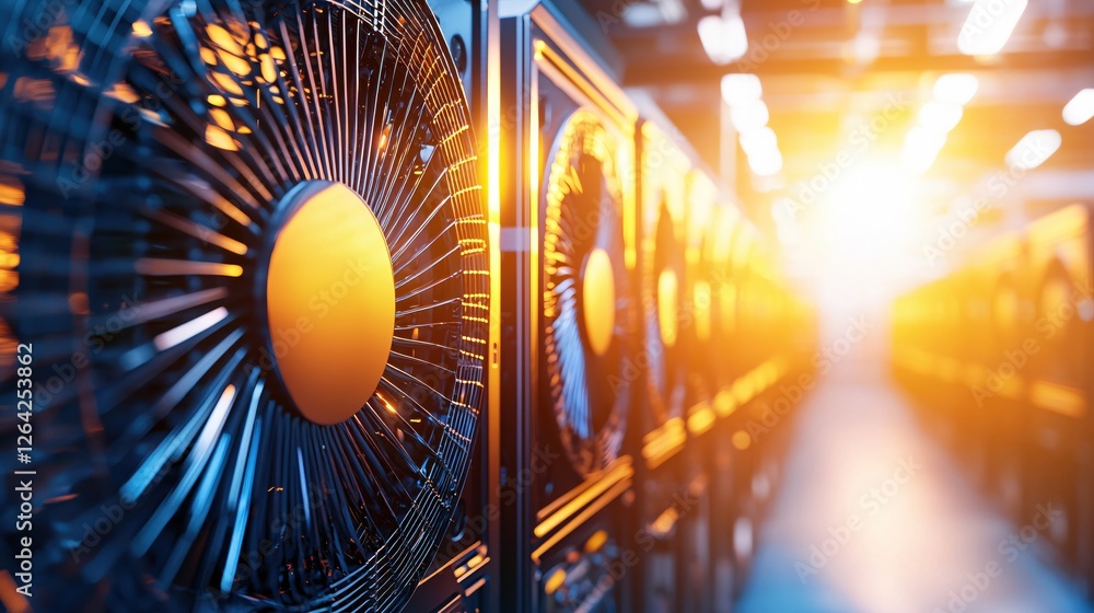 Aufkleber Cooling System in Data Center Server Room with Rows of Computer Fans and Bright Lights