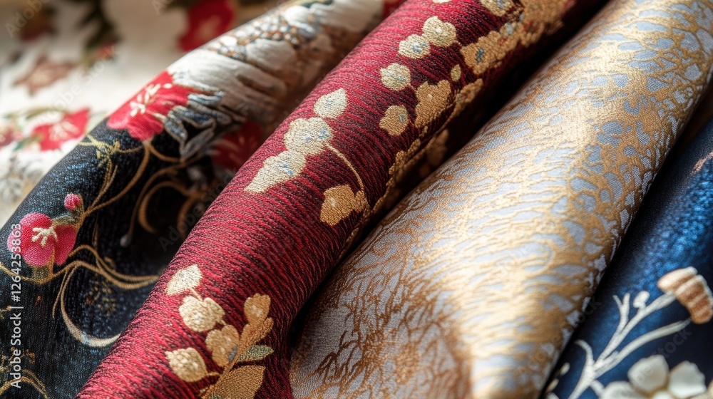 Aufkleber close up of beautifully patterned fabrics displaying intricate floral and geometric designs with spa