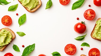 Naklejka premium Avocado Toast with Tomato and Basil on White Background Fresh and Healthy Food Concept