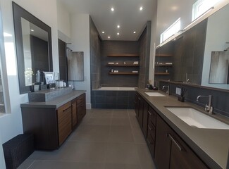 Modern bathroom interior with double sinks, vanity, and tub.  Spacious and stylish