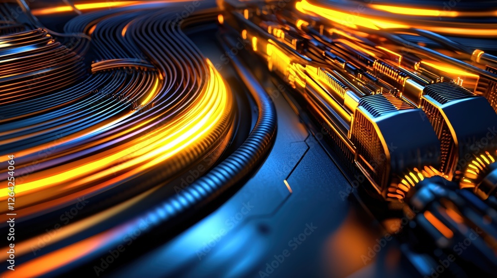 Poster abstract tech fusion of glowing cables and metallic connectors in a futuristic design