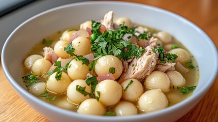 Delicious chicken soup with potato balls and fresh herbs in a white bowl close up view