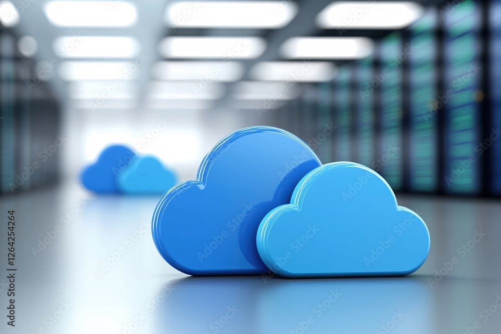 Poster Cloud computing server room with data storage blue cloud icons digital information technology