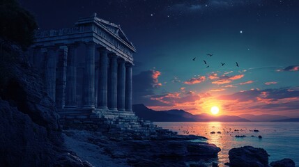 Obraz premium Sunset over ancient temple ruins by the sea (2)