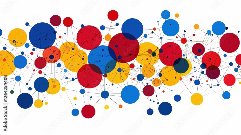 Poster colorful circles connected by lines on white background abstract design and illustration