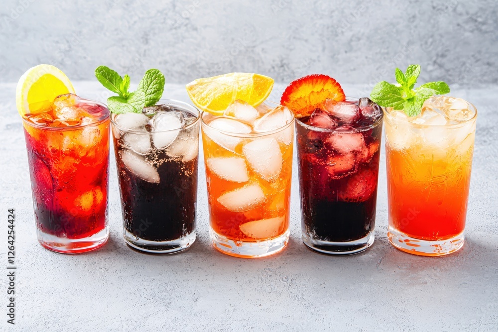 Poster refreshing colorful cocktails with ice cubes and fruit slices on a textured gray background