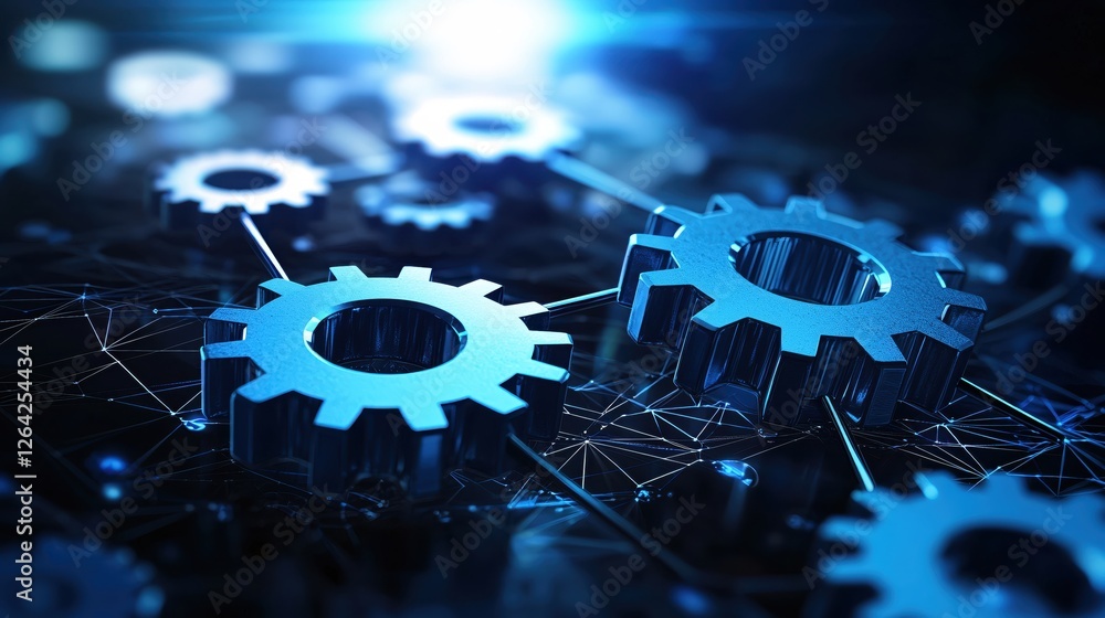 Poster metallic gears interconnected on a complex network in blue tones representing technology