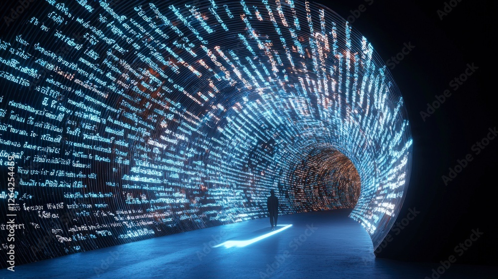Poster futuristic tunnel of data person walking through glowing digital code