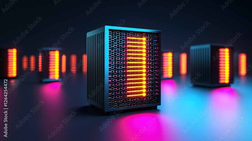 Poster data center servers glowing with neon light in a dark room for storage and processing