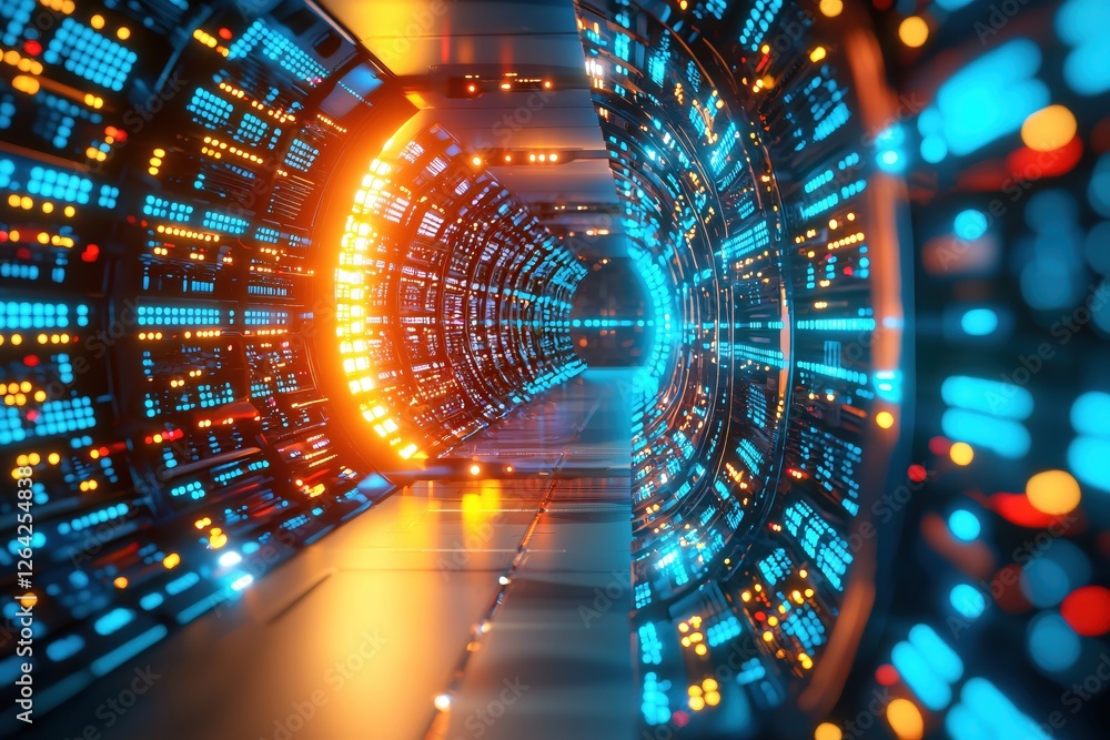 Poster Futuristic Tunnel with Glowing Lights and Circuitry Abstract Digital Art Sci Fi Design