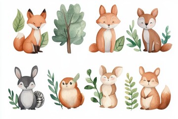 Adorable Watercolor Woodland Animals on White Background
