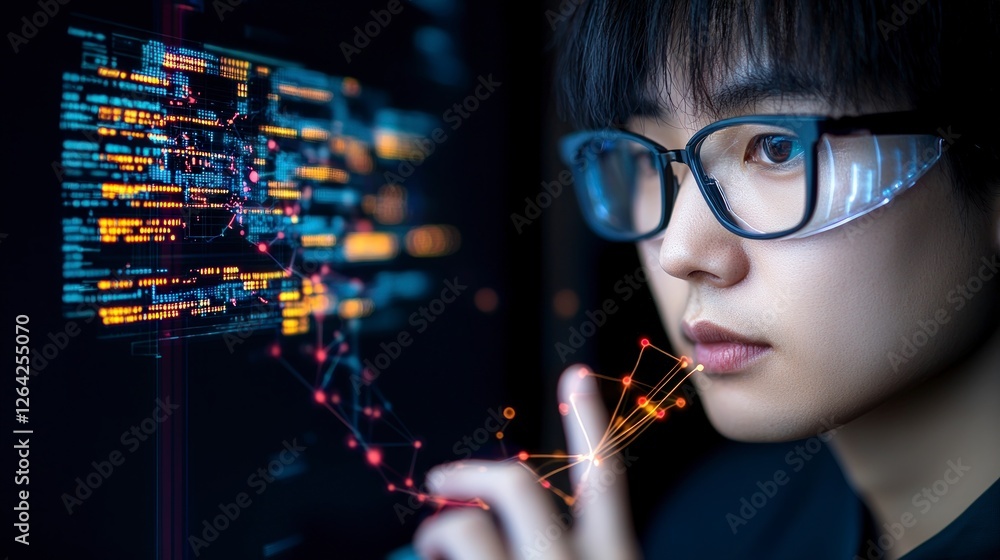 Poster futuristic tech scientist analyzing holographic data interface