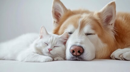 Closeup of a White Cat and Brown Husky Dog Sleeping Together
