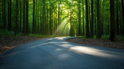 Obraz premium Winding Forest Road Sunbeams Green Trees Nature Path Asphalt Scenic Drive Summer Su