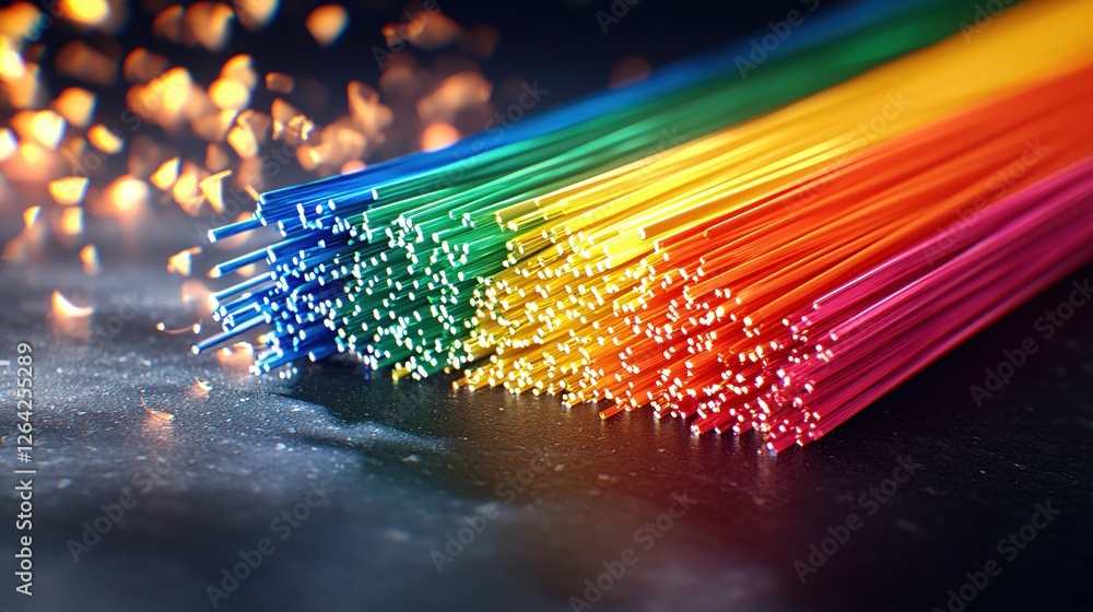 Aufkleber vibrant spectrum of fiber optic cables illuminating a dark surface with bokeh lights