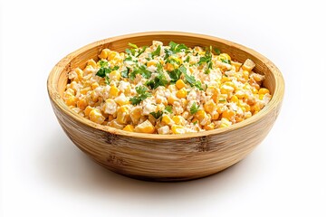 Creamy corn salad in a wooden bowl with fresh parsley on a white background studio shot