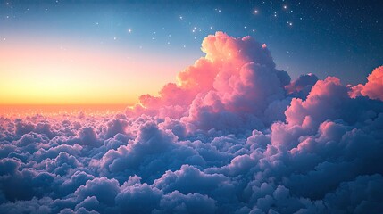 Serene sunset over fluffy clouds with a starry sky, evoking tranquility and beauty in nature