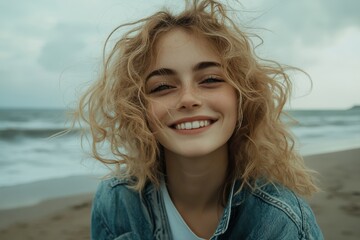 Smiling woman with curly blonde hair, wearing a denim jacket, at the beach. Perfect for blogs, websites, or social media needing a happy, carefree vibe.