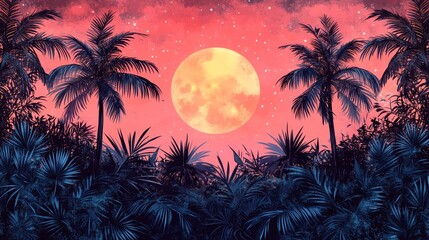 Tropical Serenity Under a Celestial Glow A Blissful Lunar Landscape with Palm Trees Silhouette and a Starry Night Sky