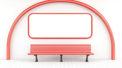 Modern minimalist red bench against a white wall with a blank advertising space above it