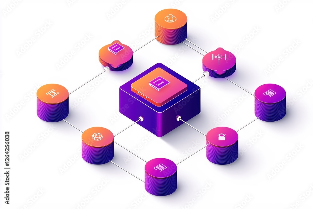 Poster Isometric network nodes connecting to central server data communication technology concept