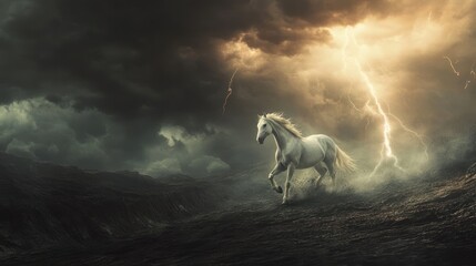 White horse running storm mountains dramatic landscape