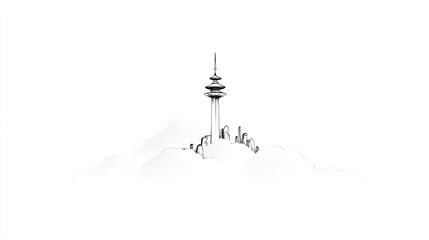 Minimalist illustration of a tower emerging from clouds, symbolizing innovation and serenity