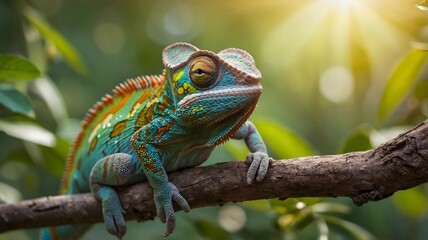 Obraz premium Cute Chameleon Resting on Branch Surrounded by Colorful Insects and Sunlight