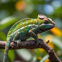 Fototapeta premium Serene Moment: Chameleon on Branch with Vibrant Insects and Dappled Light