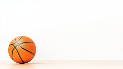 A vibrant orange basketball resting on a wooden surface against a minimalist white background