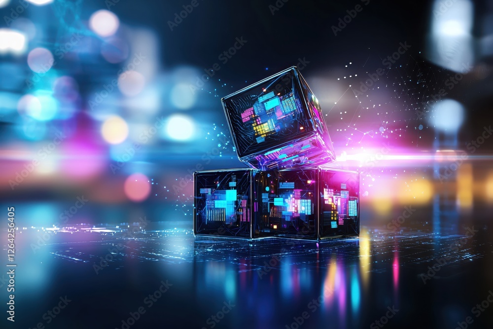 Aufkleber Futuristic Data Cubes Glowing with Neon Light in a Tech Cityscape for Digital Innovation