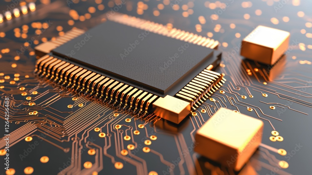 Poster Intricate Microchip Design Golden Circuit Board Lines and Components High Tech Motherboard Detail