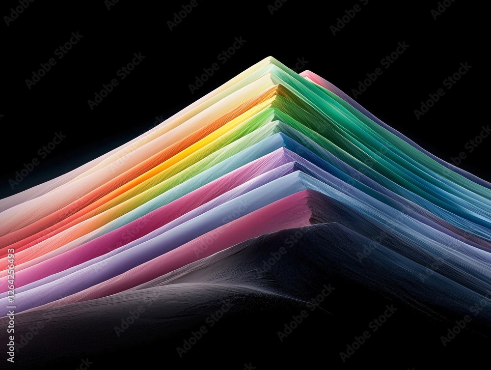 Poster a mountain range that appears to be made of shifting, iridescent glass, reflecting every color of th