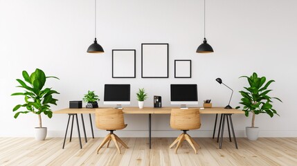 Fototapeta premium Bright Home Office Setup with Wooden Desk Chairs and Green Plants in a Minimalist Style