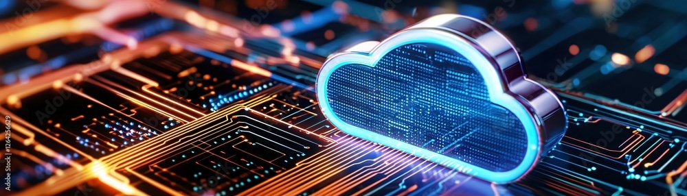 Poster Digital cloud computing on circuit board with glowing lights for tech innovation concept