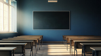 A classroom with desks and a blackboard, no one in the room
