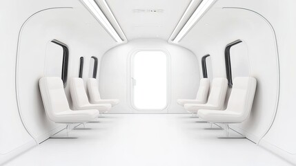 Minimalist interior of a futuristic transport pod with empty seats and bright white lighting
