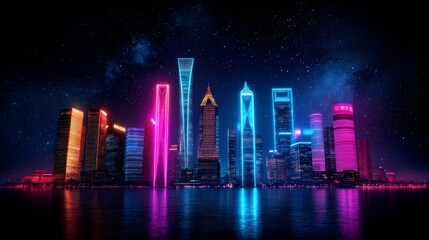 Fototapeta premium Futuristic Cityscape Neon Skyline Night City Modern Architecture Urban Landscape