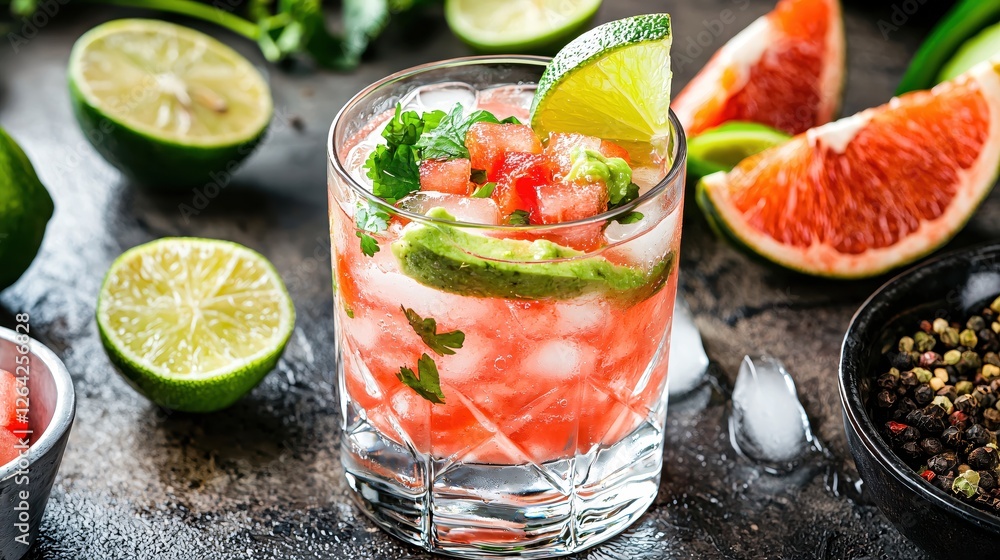 Poster refreshing watermelon avocado cocktail with lime and grapefruit on a rustic dark surface