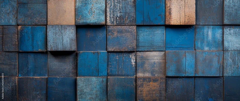 Fototapete old wooden blocks arranged in intricate patterns create a striking blue abstract background in a tex